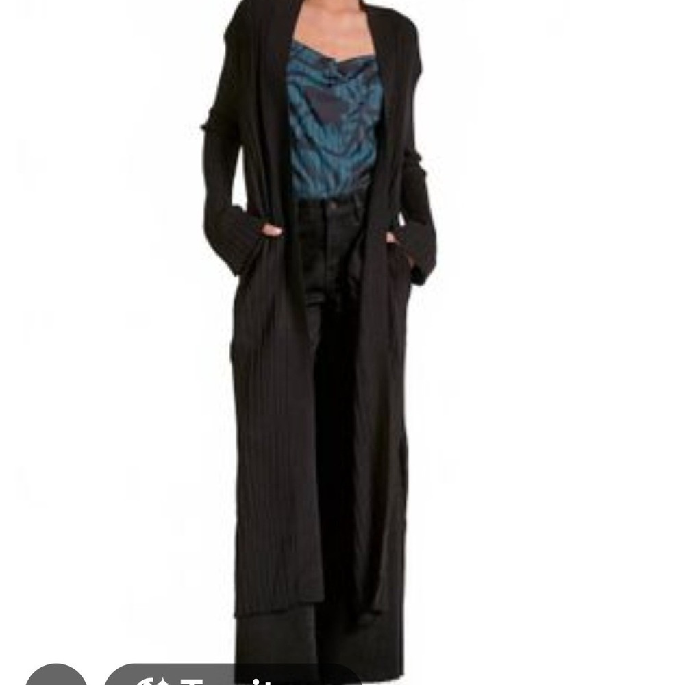 Elan Black Ribbed Longline Duster Cardigan Open Front RKT8257 XS